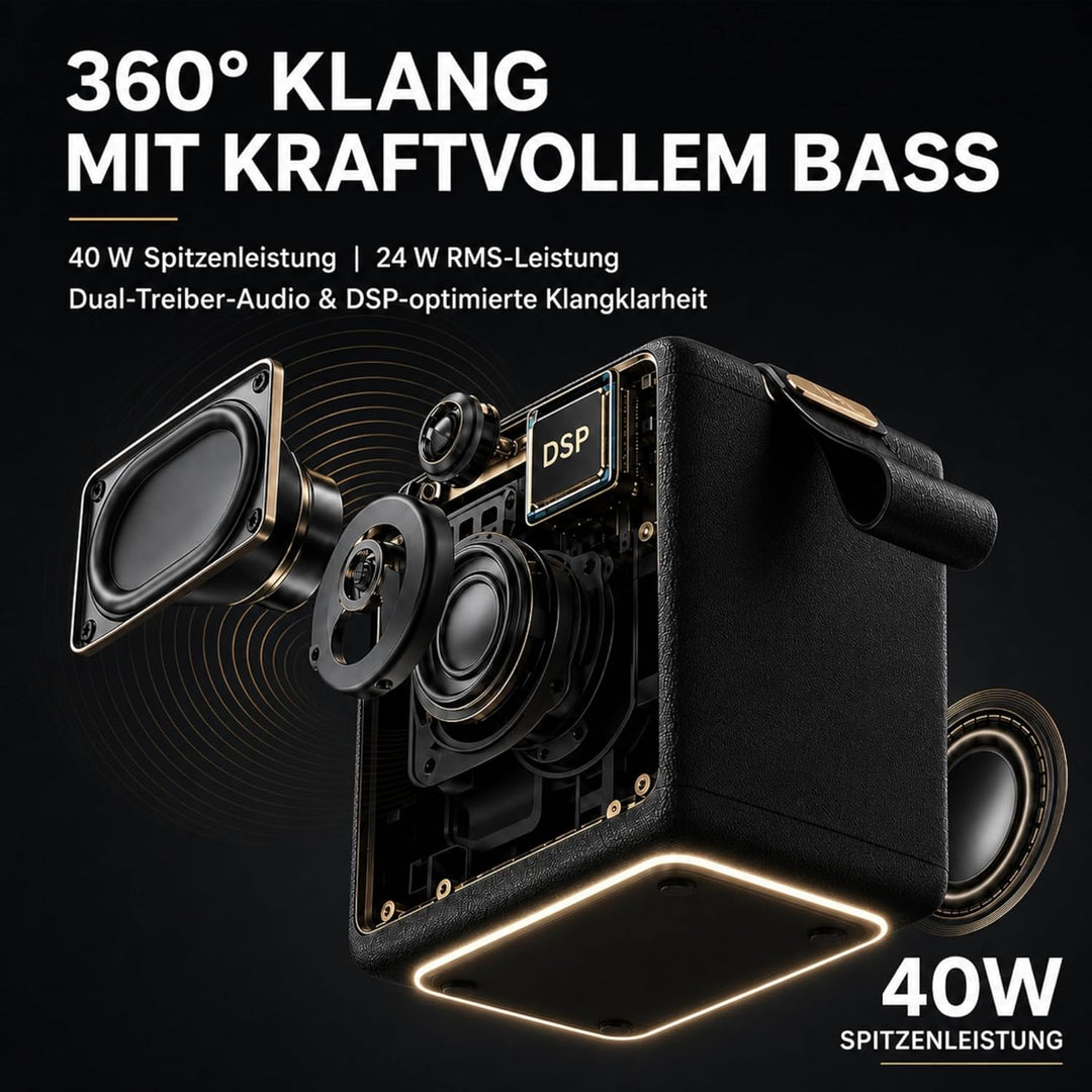 MG II Bluetooth Lautsprecher 40W, Tiefer Bass mit DSP, RGB Licht, IPX7 Wasserdicht, Dual-Treiber,17H