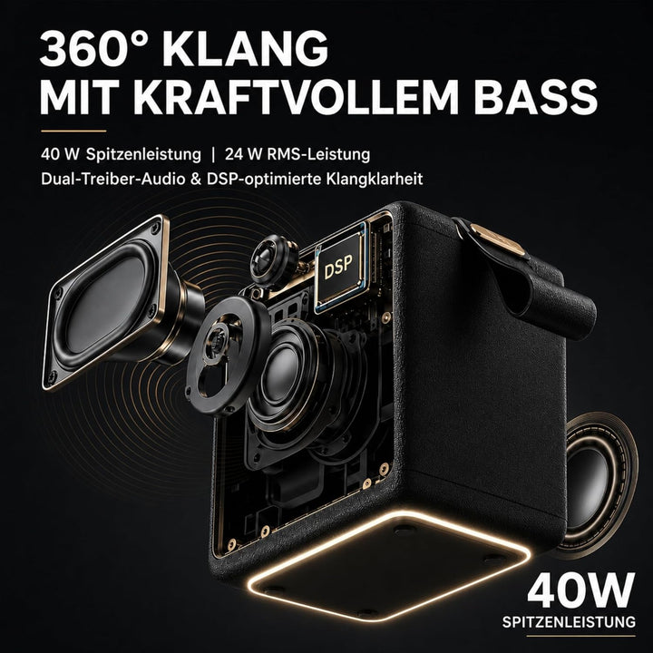 MG II Bluetooth Lautsprecher 40W, Tiefer Bass mit DSP, RGB Licht, IPX7 Wasserdicht, Dual-Treiber,17H