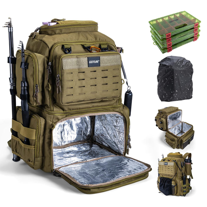 Goture Doppelstöckiger Angelrucksack mit 4 Köderbox Angeln – 78L wasserdichte Angelgerätetasche mit