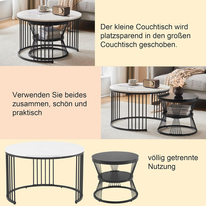 Merax Runder Couchtisch 2er Set, Moderne Beistelltisch mit Hochglanz Marmoriert für Wohnzimmer, Satz