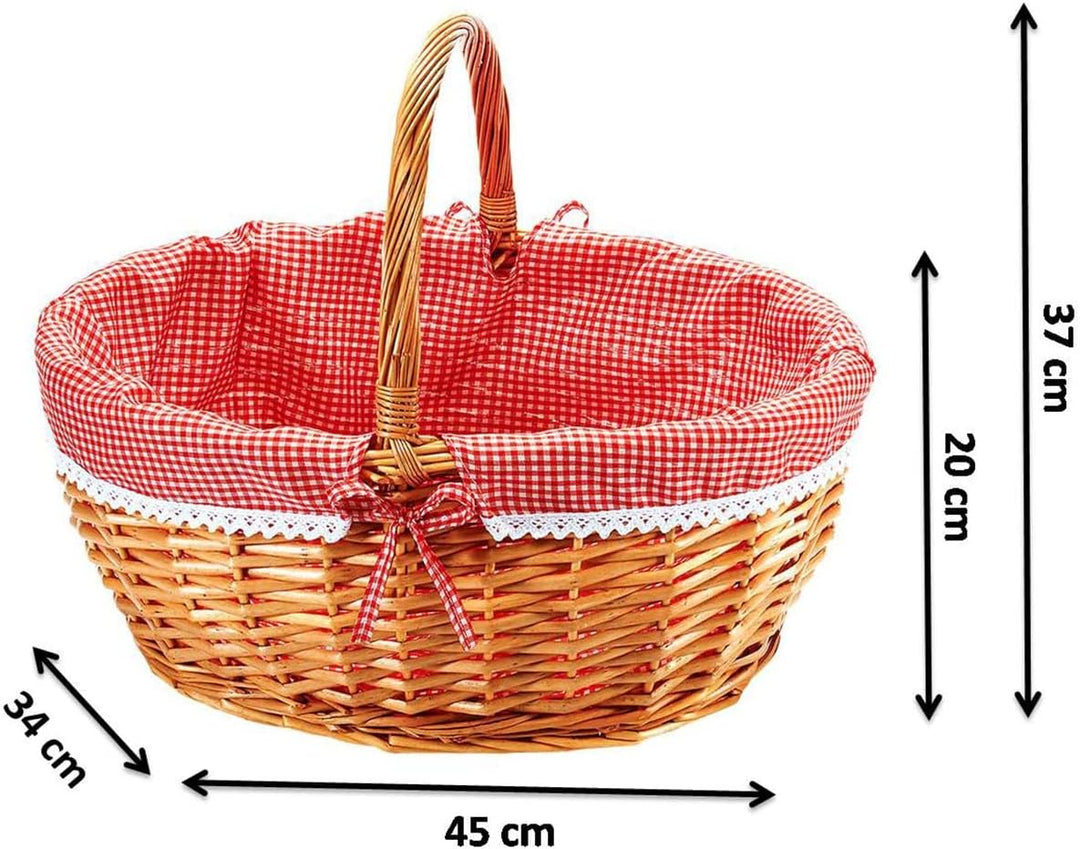 Kobolo Einkaufskorb geflochten Weide - mit Textil ausgeschlagen - rot weiss kariert - 45x34x20 cm