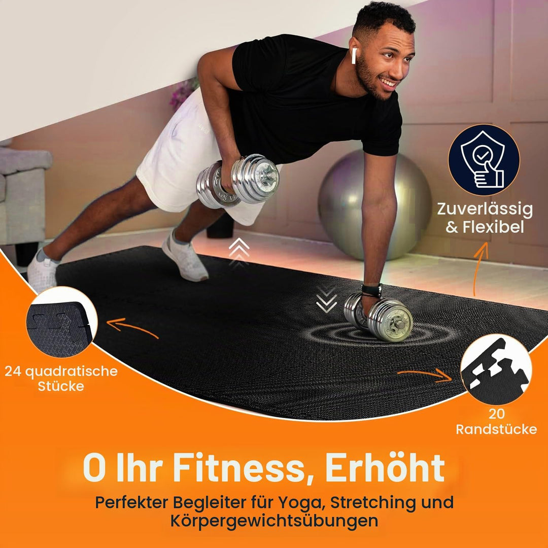 24 St. Bodenschutzmatte Fitness, mit Rand 20 St; Schwarz Viereckig je 30,5x30,5cm, 1cm Dick. Gesamt