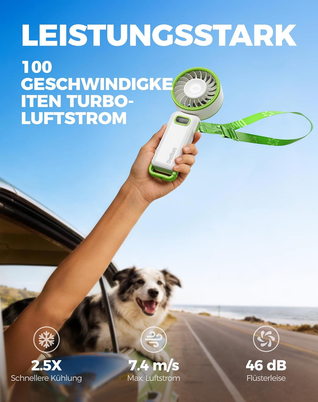 Diveblues Handventilator Tragbarer Turbo-Ventilator mit 100 Stufen und 7.4m/s Starkem Luftstrom, 180