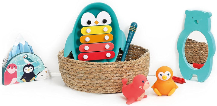 LUDI - Arktisches Bade-Set - Xylophon, Buch, Spiegel, Badestift und 2 Spritztierchen - Badespielzeug