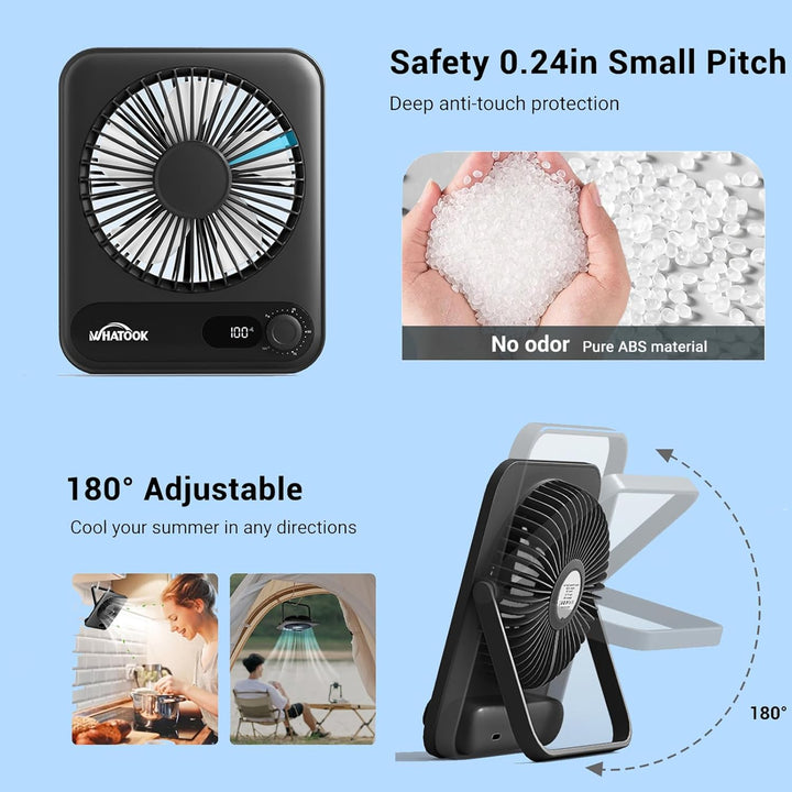 WHATOOK USB Ventilator Leise: Stufenlos 1-100 Regler, 5000mAh Akku Tischventilator mit Schnellladung