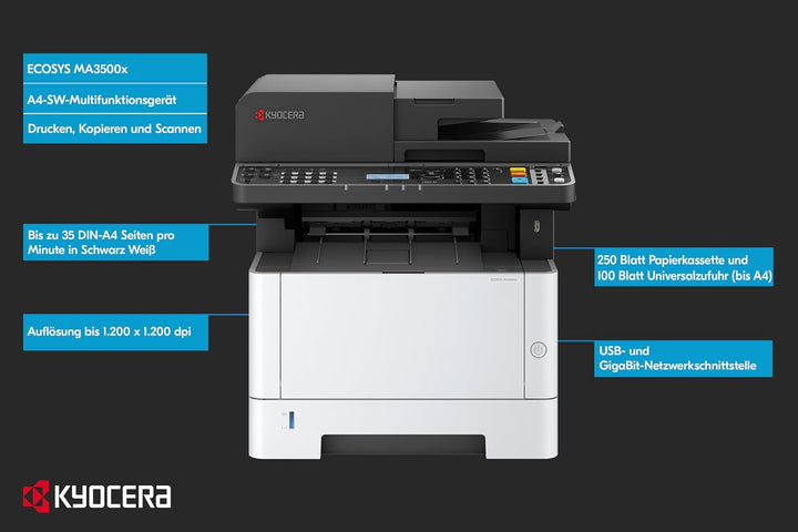 Kyocera Ecosys MA3500x/Plus Multifunktionsdrucker Schwarz Weiss. Drucker Scanner Kopierer. 35 Seiten