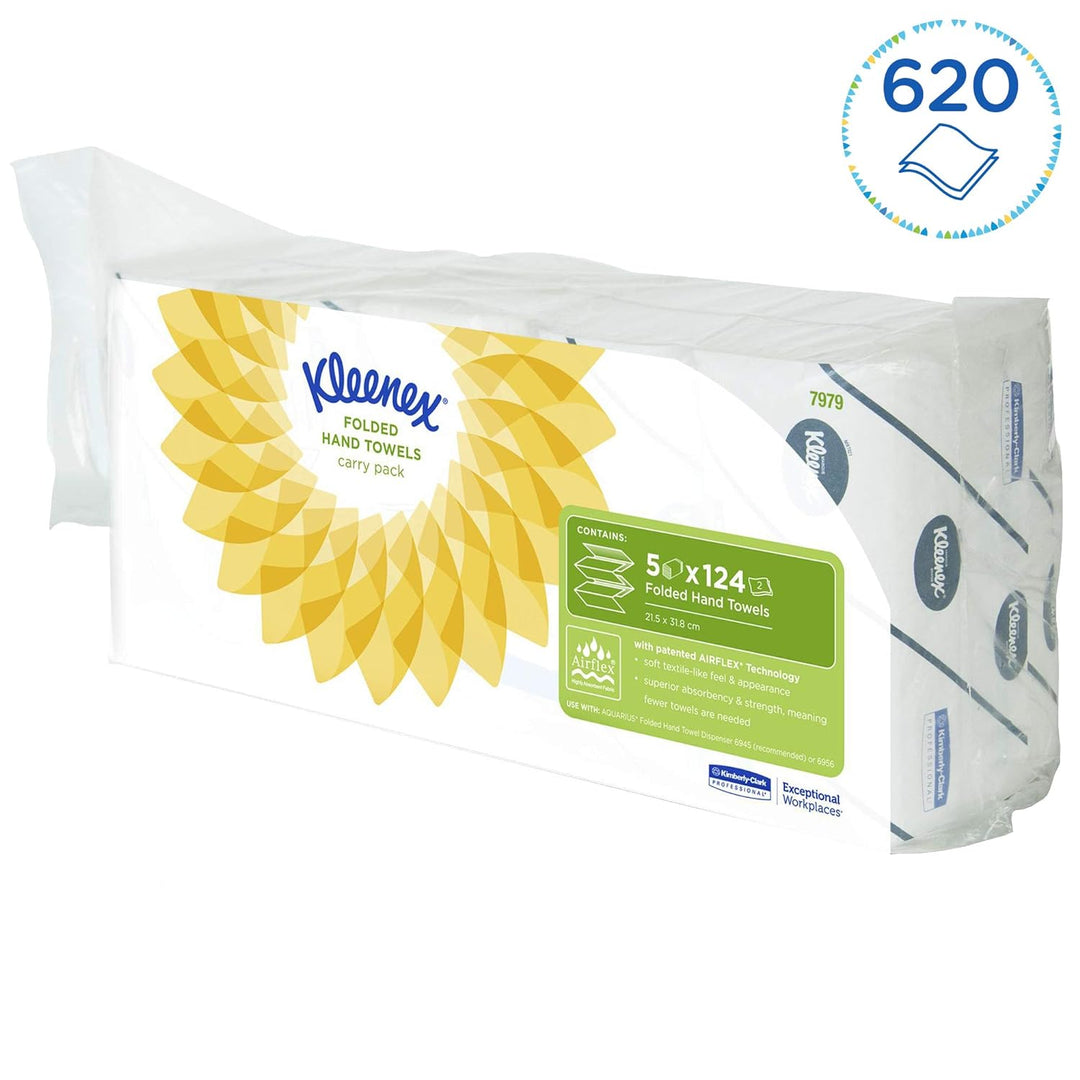 Kleenex Ultra Handtücher mit Interfold-Faltung 7979 – 1 x 5 Packungen mit je 124 weissen, 2-lagigen