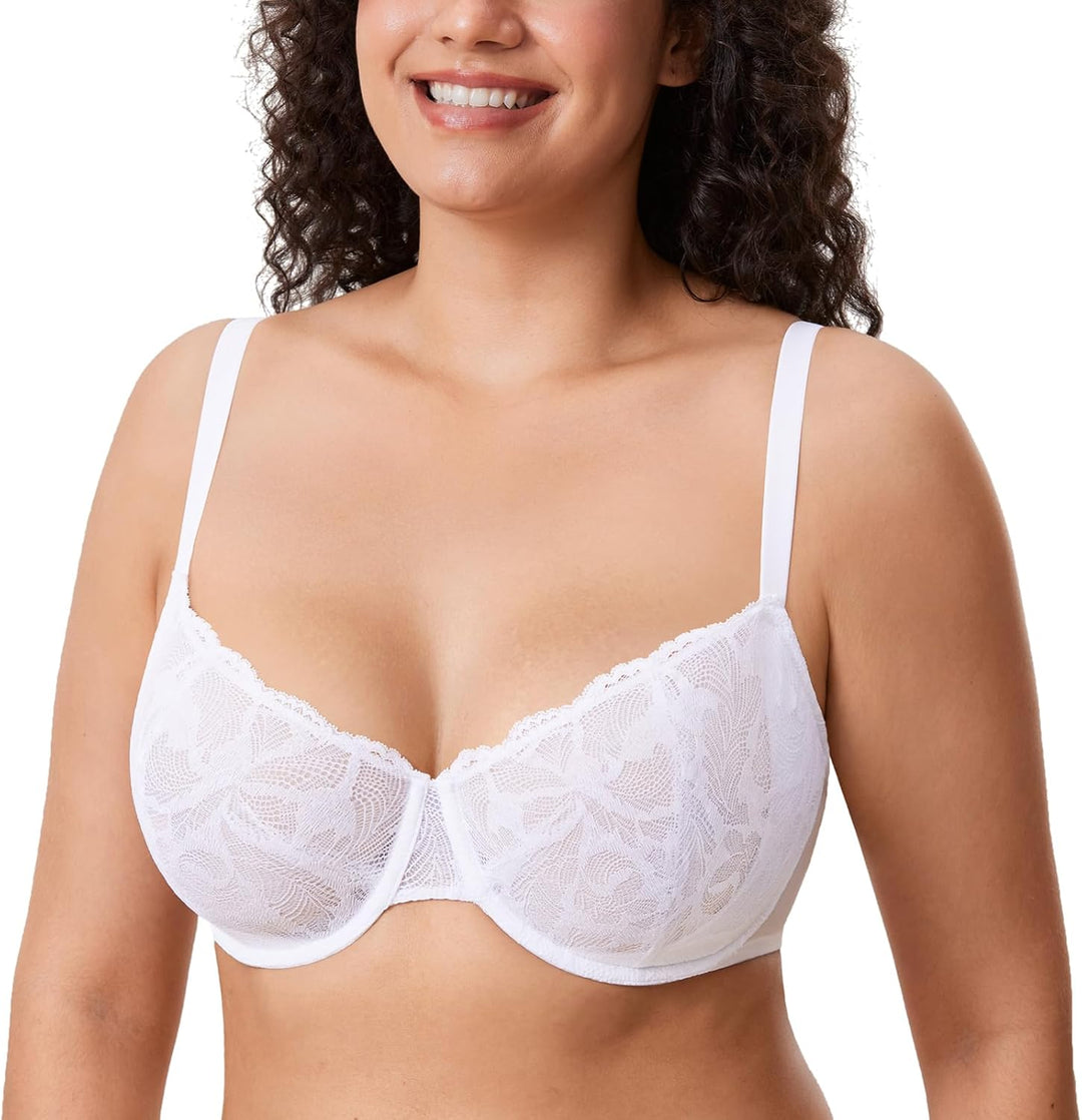 DELIMIRA Damen BH Grosse Grössen Durchschauen Sexy mit Spitze Balkonett Bügel ohne Polster 95C Weiss