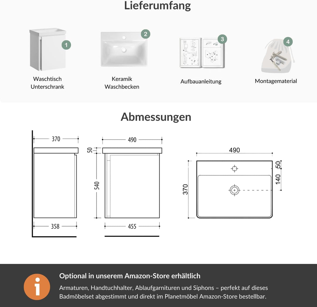Planetmöbel Waschtischunterschrank 50cm (Weiss) ohne Wasserhahn Weiss, ohne Wasserhahn Weiss