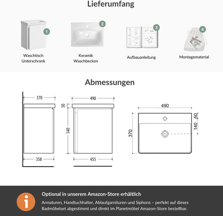 Planetmöbel Waschtischunterschrank 50cm (Weiss) ohne Wasserhahn Weiss, ohne Wasserhahn Weiss