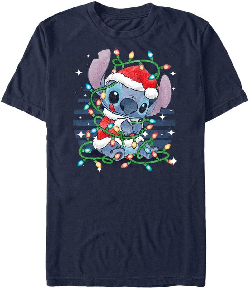 Disney Classics Unisex Lilo & Stitch-Stitch Xmas Lights Organic Short Sleeve T-Shirt, Navy Blue, XL