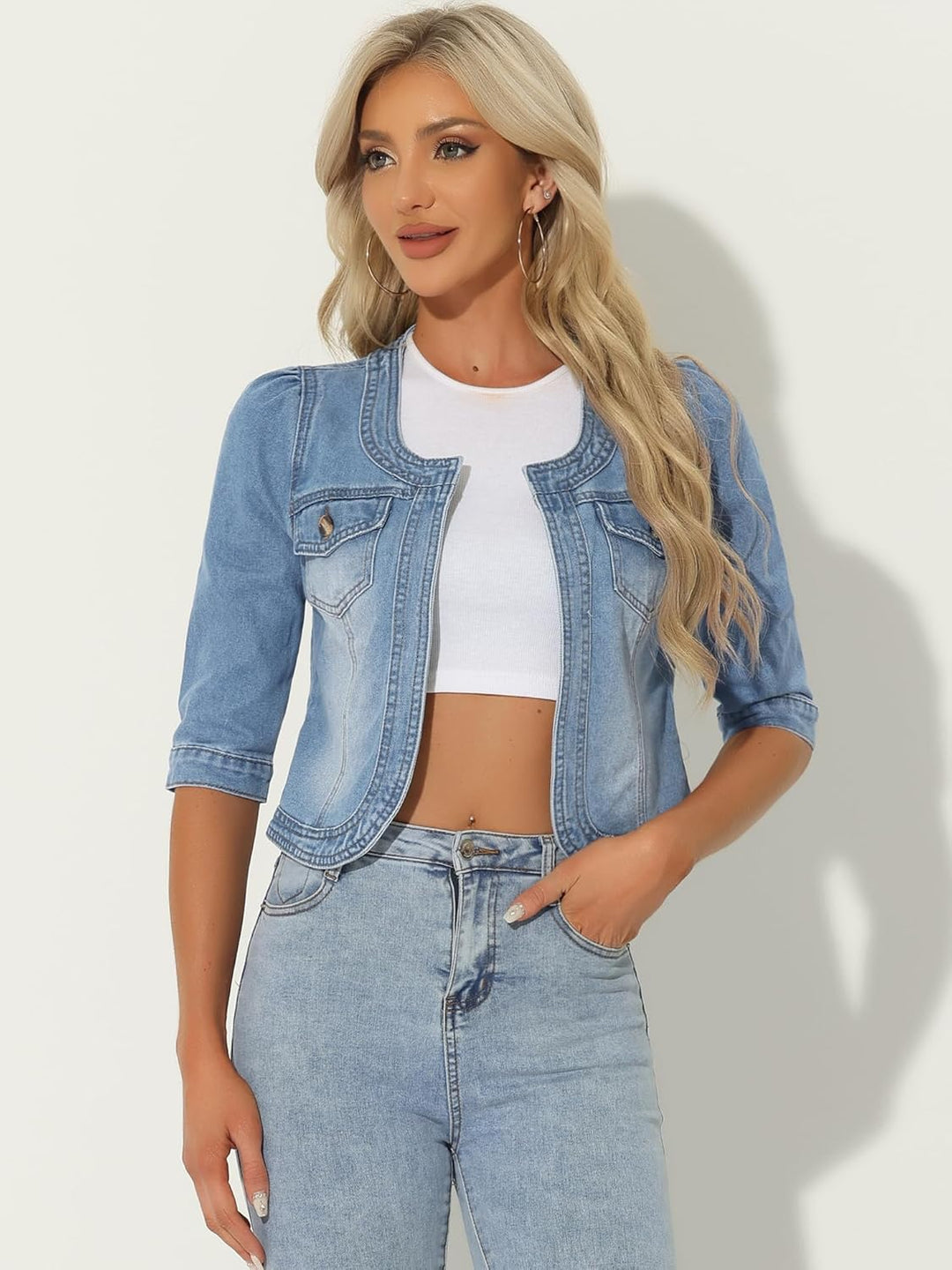 Allegra K Damen Jeansjacke 3/4 Ärmel Open Front Kragenlos Jacke mit Taschen L Hellblau, L Hellblau