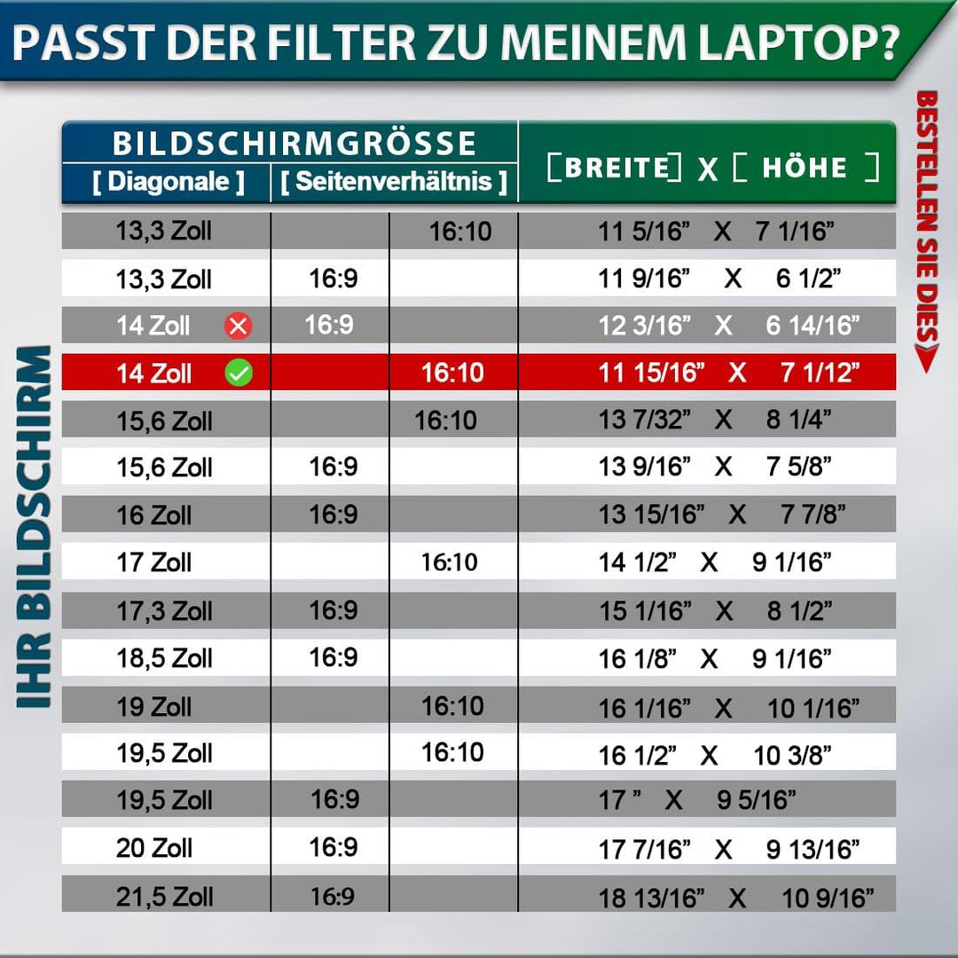 STARY Sichtschutz 14 Zoll 16:10 Seitenverhältnis-Anti Blaulicht Blendschutz Displayschutz, Abnehmbar