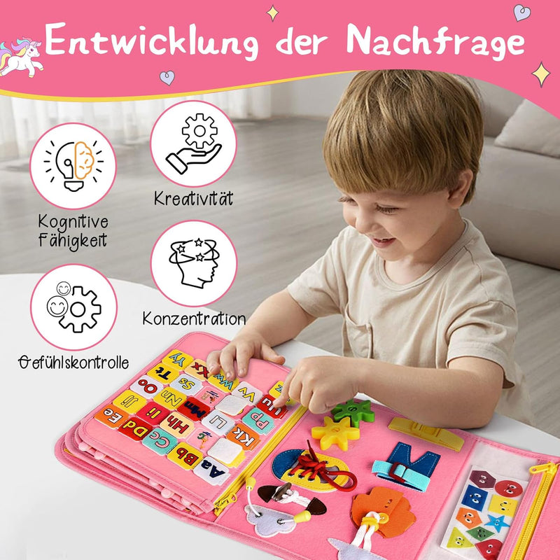 BuzzoXerex Busy Board Deutsch, 8 Seiten in 1 Busy Book, Filz Quiet Book Kleinkinder ab 1 Jahre mit S