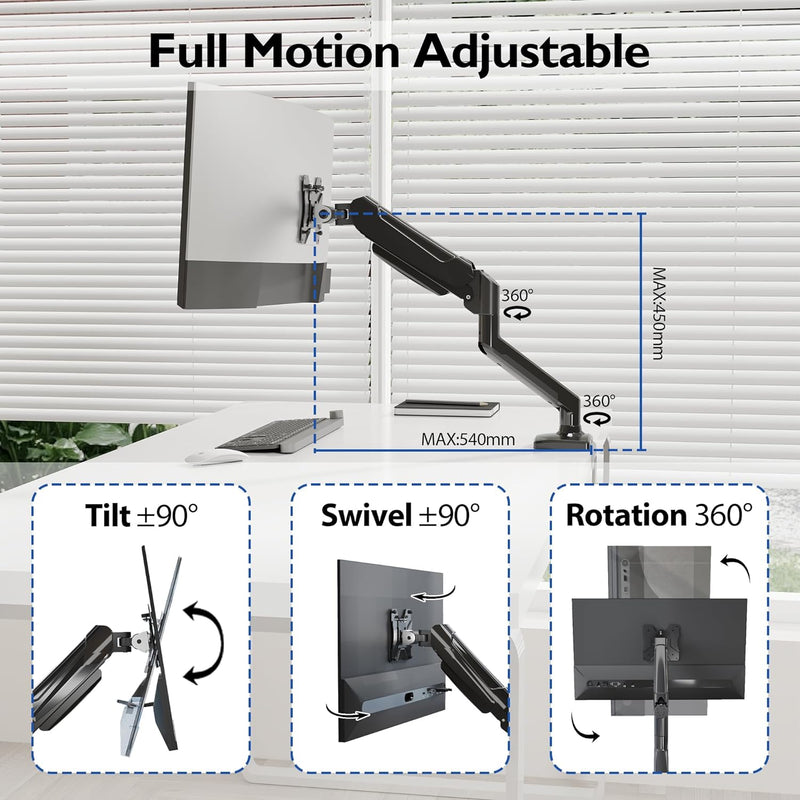 BONTEC Monitor Halterung für 13-34 Zoll Bildschirm, Gasdruckfeder Arm, Neigbar, Schwenkbar, Drehbar,