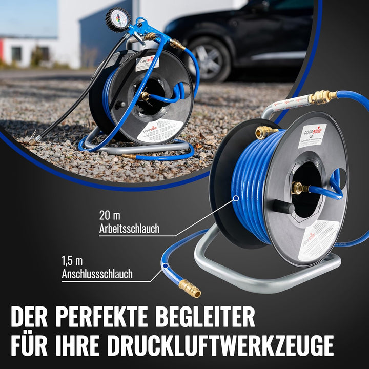 Poppstar Manuelle Druckluftschlauchtrommel aus PVC (20m+1,5m, Durchmesser (6x11,5mm)), Anschlüsse 1/