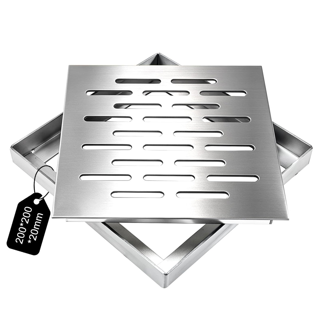 Begonia 200 x 200 x 20mm Edelstahl Bodenablauf mit Rahmen | Abflussgitter Quadratisch, Bodenablaufab