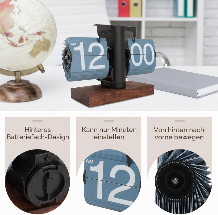Digitale Flip-Down-Uhr, 12 Stunden Flip Uhr Retro mit Holzsockel und grosse Zahlenanzeige Tischuhr V