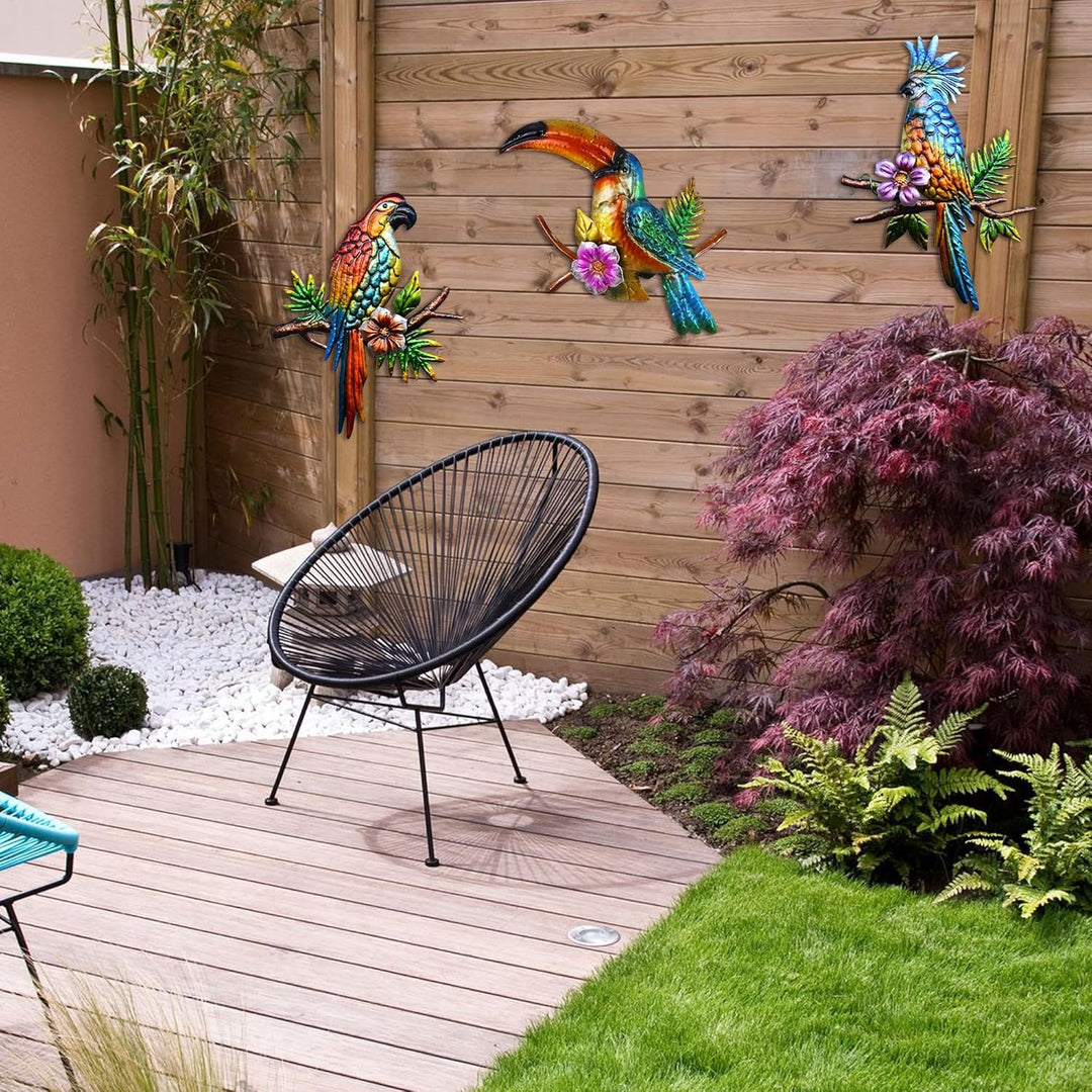 J-Fly Metall Papagei Wanddekoration - Tropische Outdoor Wandkunst für Terrasse, Zaun, Garten, Zuhaus