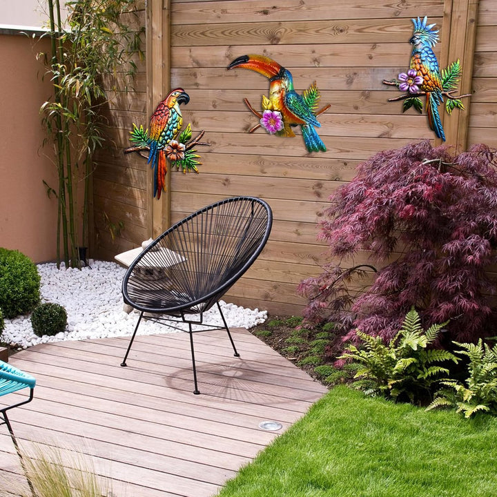 J-Fly Metall Papagei Wanddekoration - Tropische Outdoor Wandkunst für Terrasse, Zaun, Garten, Zuhaus