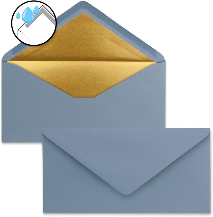 100 Brief-Umschläge DIN Lang - Graublau mit Gold-Metallic Innen-Futter - 110 x 220 mm - Nassklebung