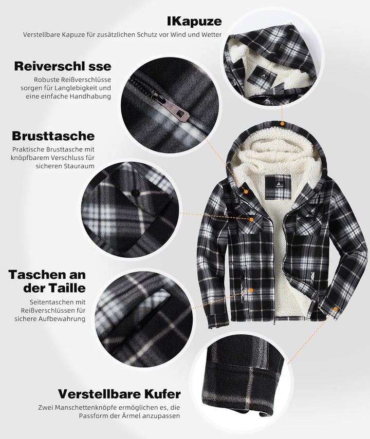 JACKETOWN Hemdjacke Herren Kariertes Winterjacke Thermohemd Fleece Gefüttert Freizeit Jacke mit Kapu