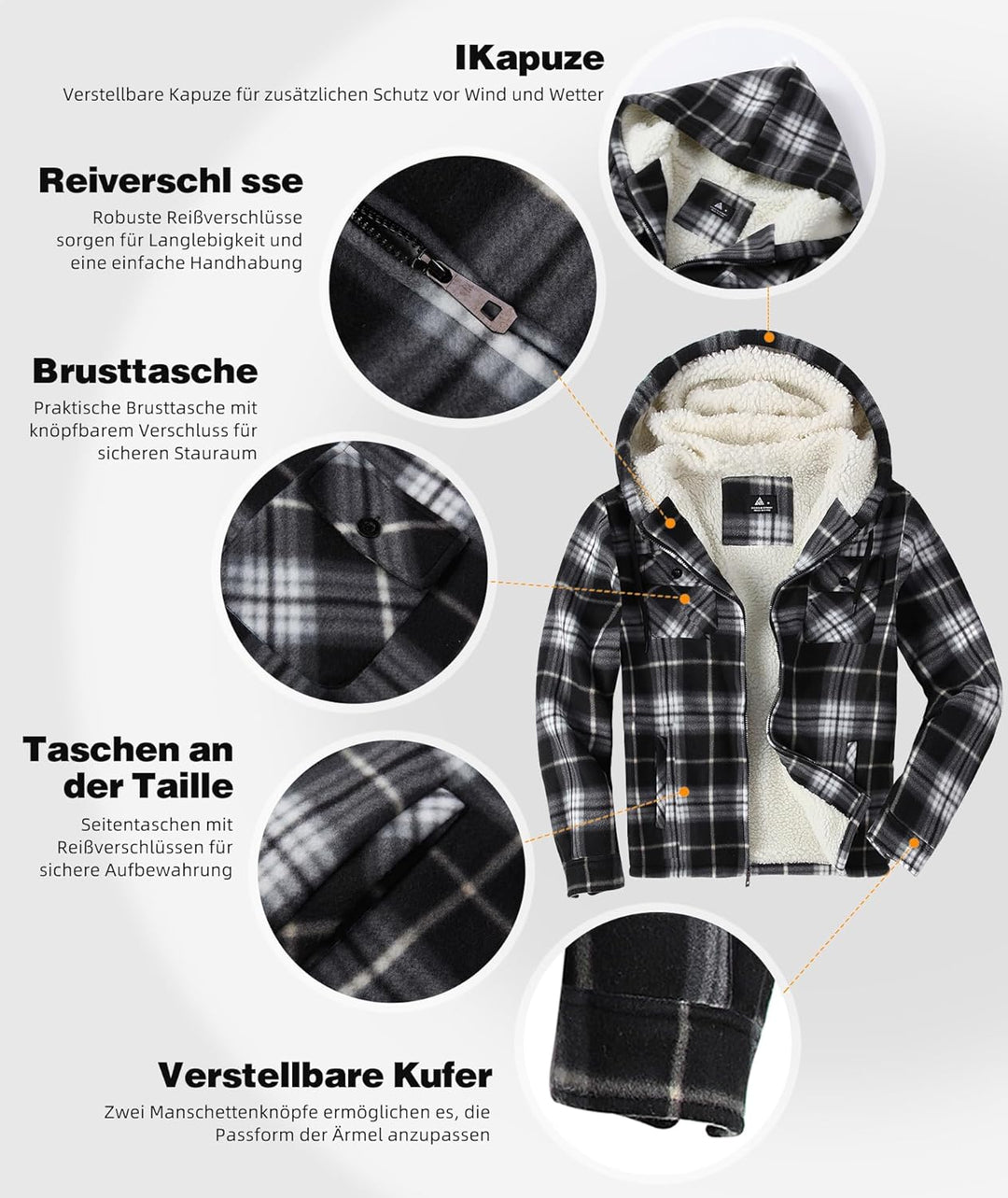 JACKETOWN Hemdjacke Kariertes Herren hoodies Flanelljacke Warm Thermohemd Herren Holzfäller Jacke Ve