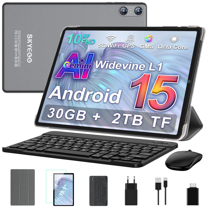 Android 15 Tablet 10 Zoll mit Gemini AI, 30 GB RAM + Erweiterbar auf 2 TB ROM, Widevine L1, 5G WLAN,