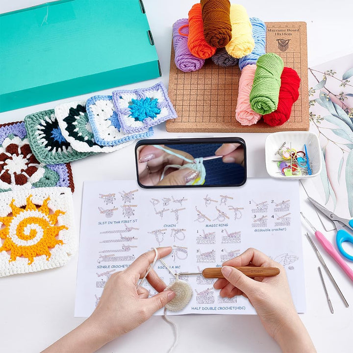 INFUNLY 6 Stil Häkel Set Für Granny Squares Für Anfänger Und Erwachsene DIY Häkelset Mit Blumenquadr