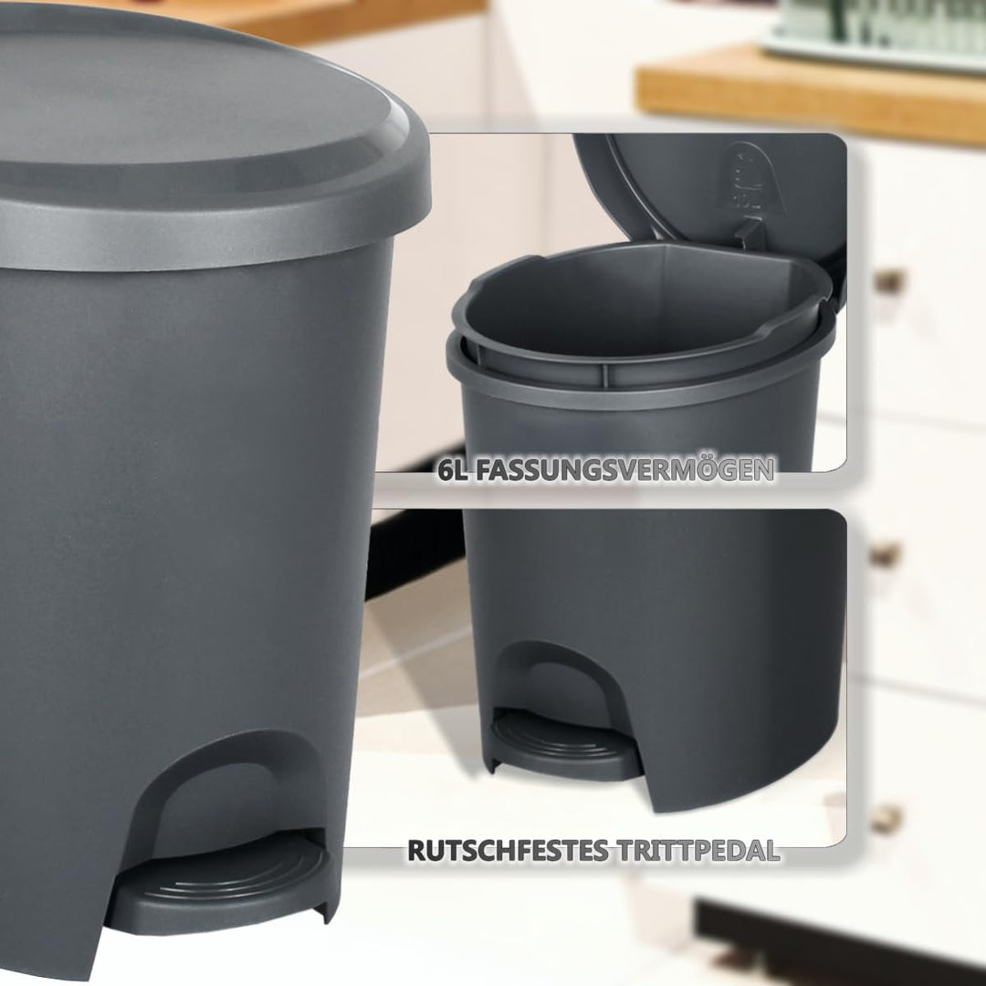 Stimo Tretmülleimer 6L aus Kunststoff Mülleimer mit Pedal Abfalleimer mit Deckel für Küche Büro Bad