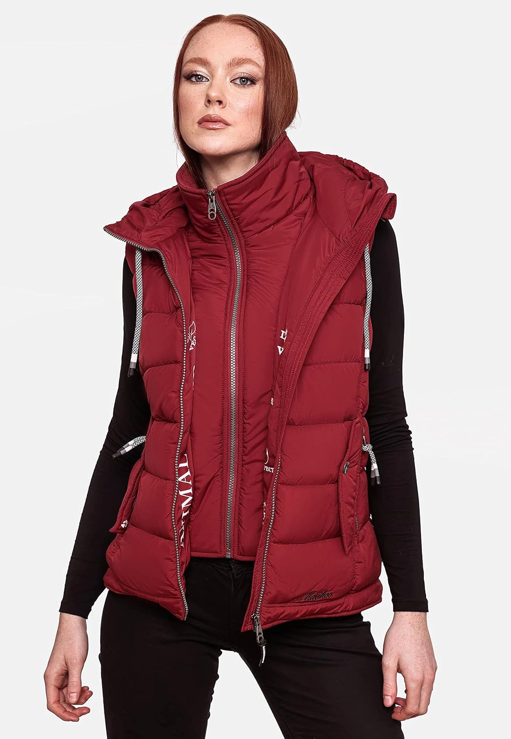 MARIKOO Damen leichte Übergangsweste Steppweste mit Kapuze Taisaa XS-3XL XS Blood Red, XS Blood Red