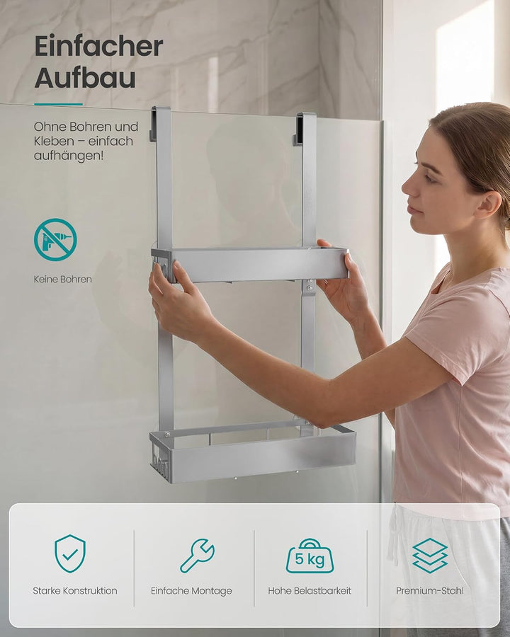 SONGMICS Duschablage ohne Bohren, 2 Ebenen Duschregal zum Hängen, Silber | Badezimmer Organizer mit