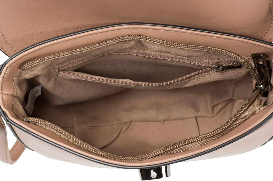 styleBREAKER Damen halbrunde Saddle Bag Umhängetasche einfarbig, Stift Verschluss und Kette, Schulte