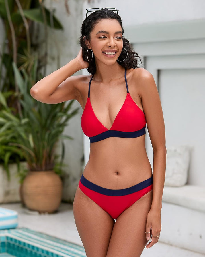 Damen Bikini Set, Triangel, breites Unterbrustband, Bademode, Badeanzug 38 Rot + Blau, 38 Rot + Blau