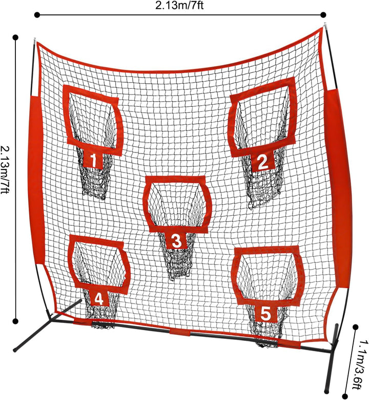 Rugby Wurfnetz 2.13x2.13m, Fussballtrainer mit 5 Zieltaschen, Quarterback Trainingsnetz für Wurfgena