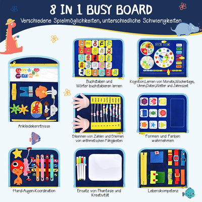 BuzzoXerex Busy Board Deutsch, 8 Seiten in 1 Busy Book, Filz Quiet Book Kleinkinder ab 1 Jahre mit S