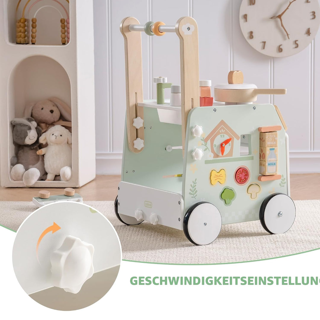 ROBUD Baby Walker Holz für Kleinkinder, Verstellbarer Schiebewagen mit Activity-Center, Grossem Stau