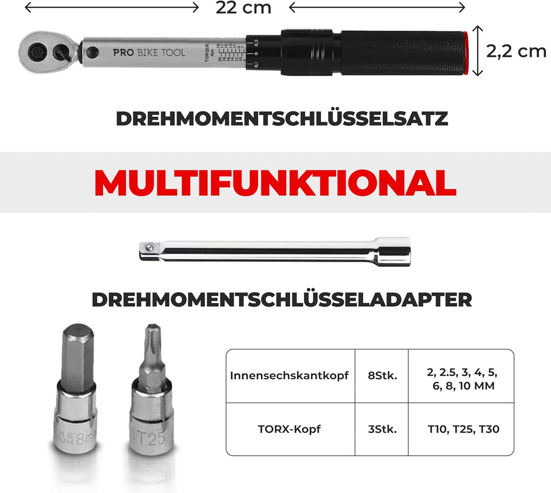 PRO BIKE TOOL Drehmomentschlüssel Fahrrad &amp; Motorrad 1/4 Zoll Antrieb mit Umschaltknarre und Verläng