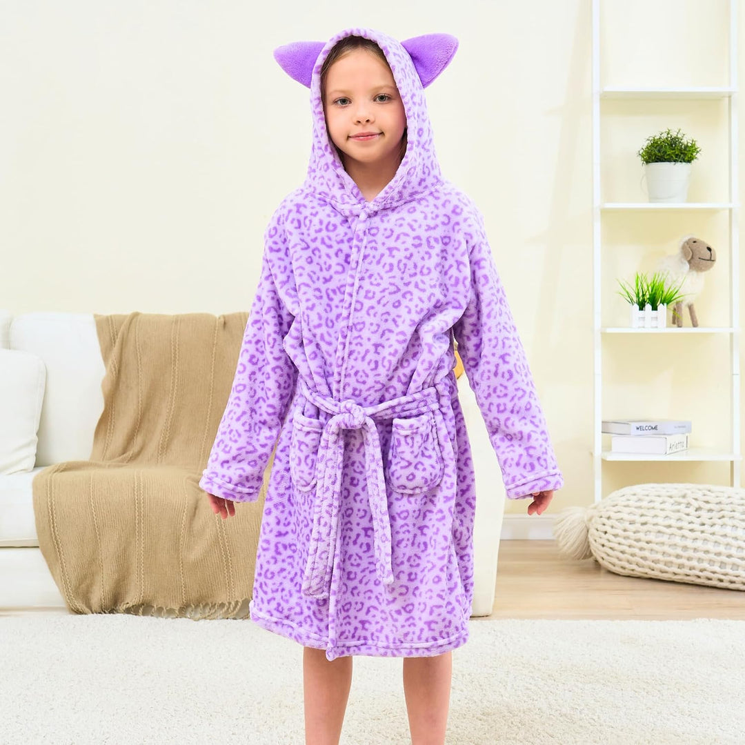 Katzen Bademantel für Mädchen Weiches Fleece Morgenmäntel mit Kapuze und Katzenohren Leopard Lila 4-