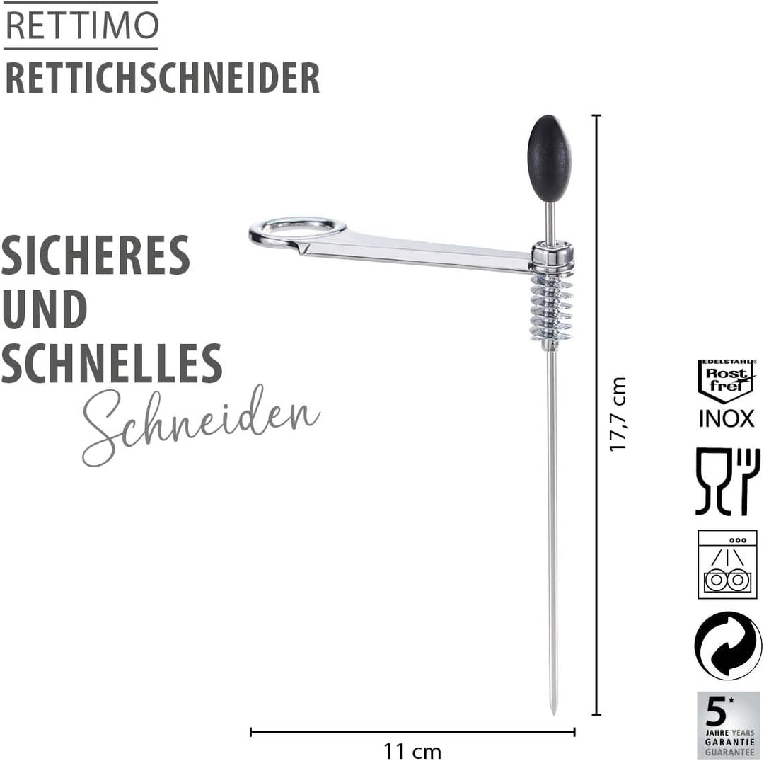 GEFU Rettichschneider RETTIMO – Rettich-Spiralschneider aus rostfreiem Edelstahl mit langen Haltesta