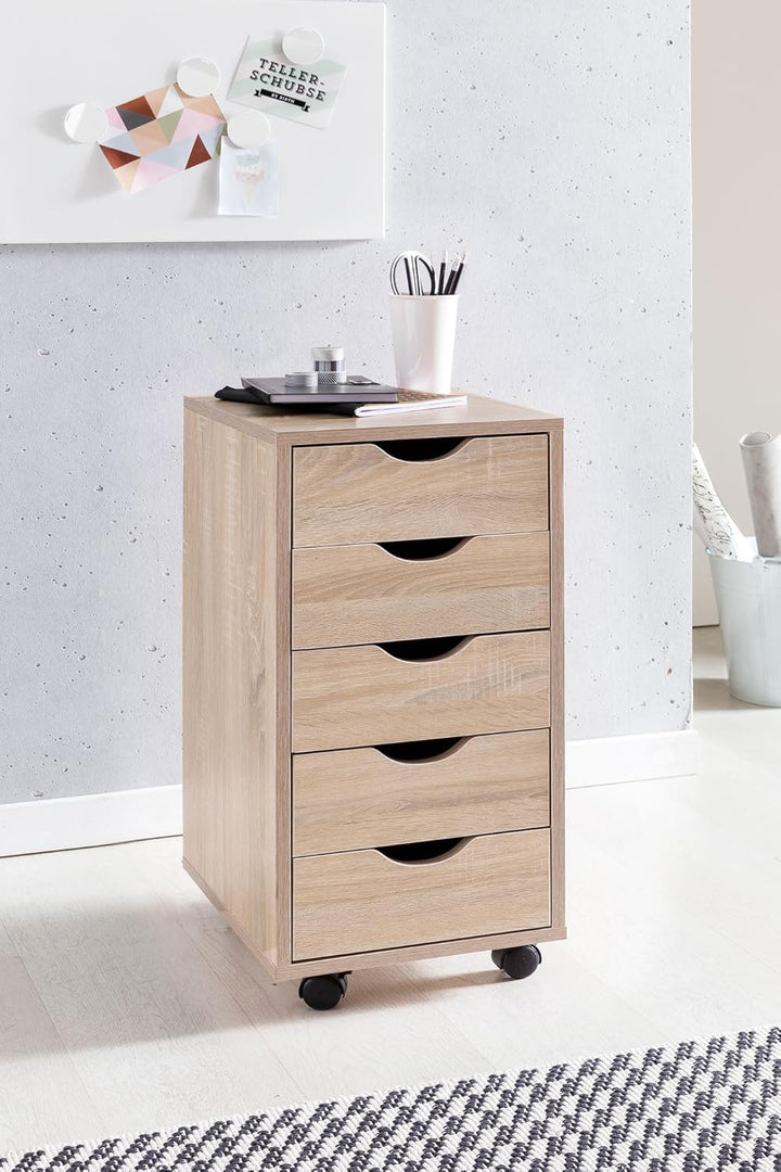 Rollcontainer 33 x 64 x 38 cm MDF-Holz 5 Schubladen Sonoma | Moderner Schubladencontainer mit Rollen