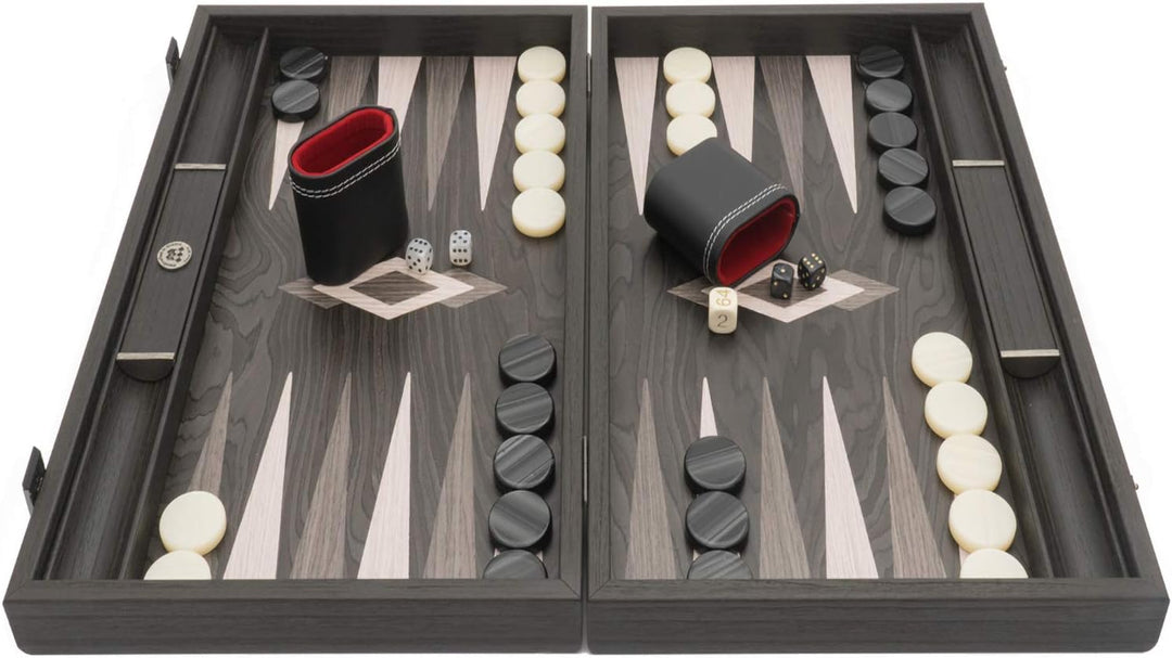 Manopoulos Backgammon-Set aus Ebenholz und Eiche mit Vinyl Deluxe-Bechern