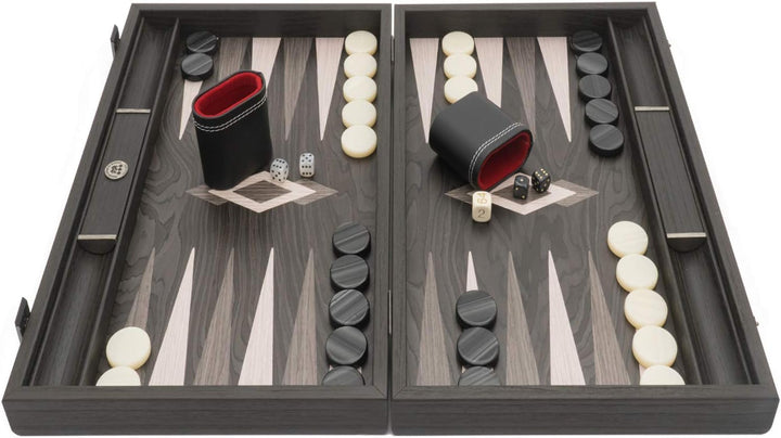Manopoulos Backgammon-Set aus Ebenholz und Eiche mit Vinyl Deluxe-Bechern