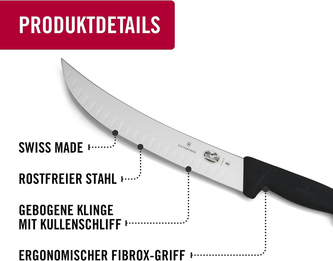 Victorinox Fibrox Cimeter-Messer mit Kullenschliff, Scharfes Metzgermesser für grosser Fleischstücke