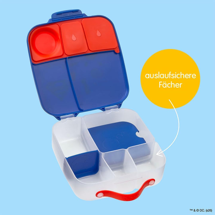 b.box Superman Brotdose | Grosse Bento-Box mit 4 Fächern (2 auslaufsicher), herausnehmbarer Trenner,