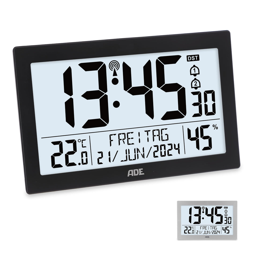 ADE Digitale Funkuhr mit grossem XL-Display | Kalender | mit Temperaturanzeige & Hygrometer | Wanduh