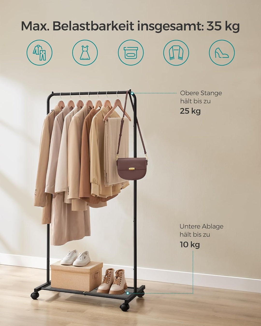 SONGMICS Kleiderständer, Kleiderstange auf Rollen, Garderobenständer 74 cm breit, Rollgarderobe mit