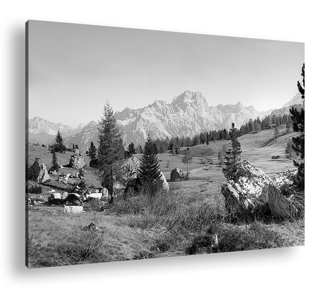 die Dolomiten in herbstlichen Farben Format: 80x60 als Leinwand, Effekt: Schwarz&Weiss, Motiv fertig