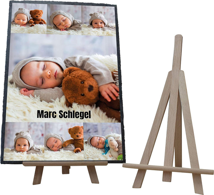 wandmotiv24 Schieferplatte mit eigenen Fotos zur Geburt, 20 x 30 cm, inklusive Staffelei, 7 Fotos +