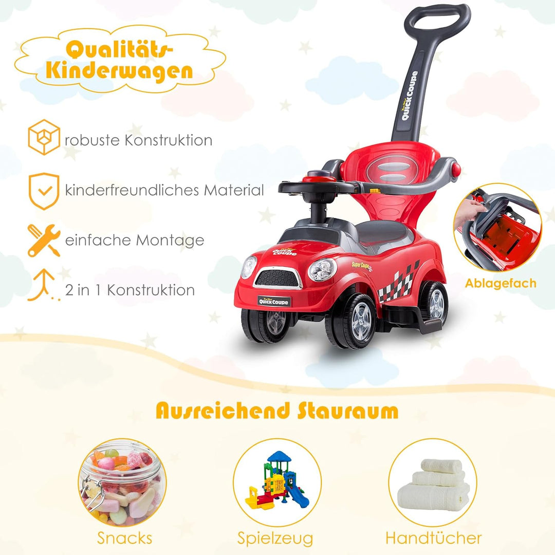 GOPLUS Kinder Rutschauto, Rutschfahrzeug mit Schiebestange, abnehmbaren Sicherheitsbügel & Rückenleh